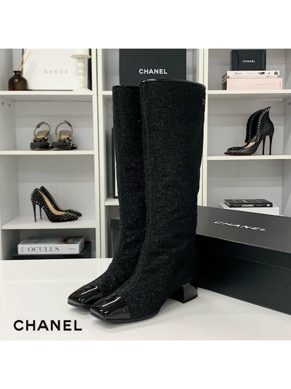 Chanel CC Logo Fabric Patent Glitter Long Boots Black